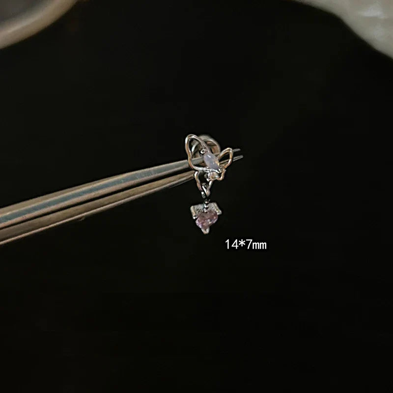 1 PCS Pink Bowknot Shiny Ear Bone Nail 316L Stainless Steel Korean Style Zircon Crystal Earring Women Y2K Cute Cochlea Jewelry