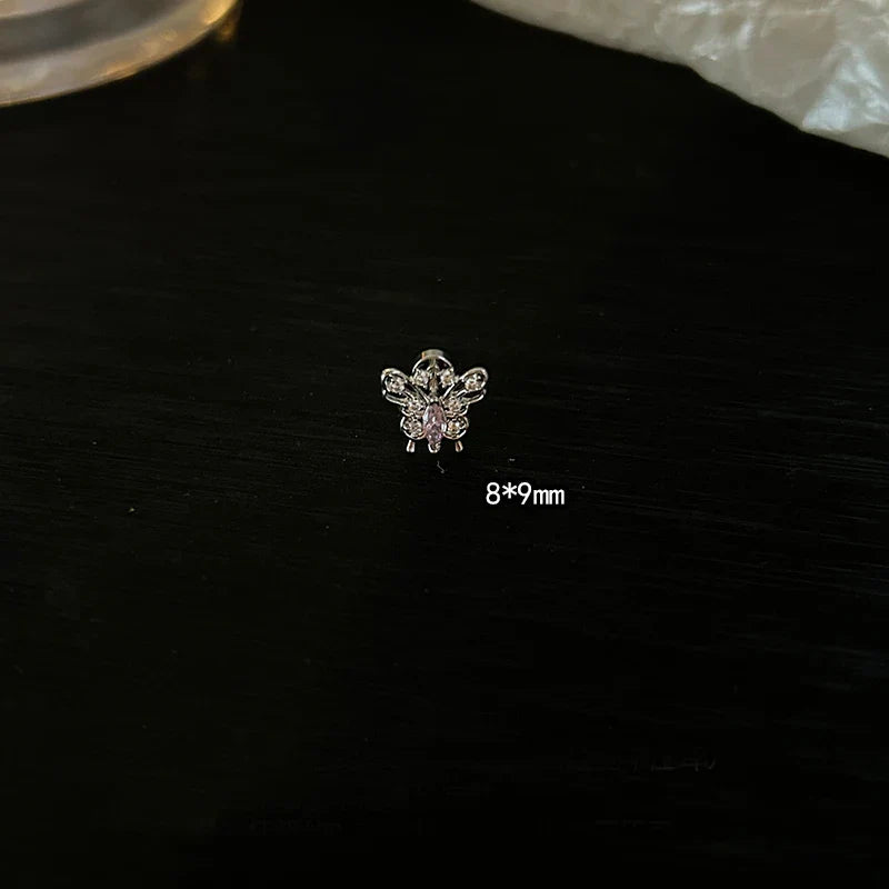 1 PCS Pink Bowknot Shiny Ear Bone Nail 316L Stainless Steel Korean Style Zircon Crystal Earring Women Y2K Cute Cochlea Jewelry